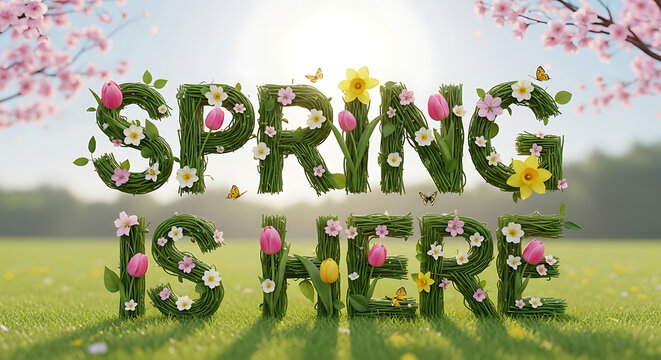 Spring is Here text made of green grass and blooming flowers on a sunny field background