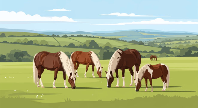 Vector illustration of chestnut horses with white manes and a pinto pony grazing in a green pasture with rolling hills, countryside landscape, and clouds under a blue sky.