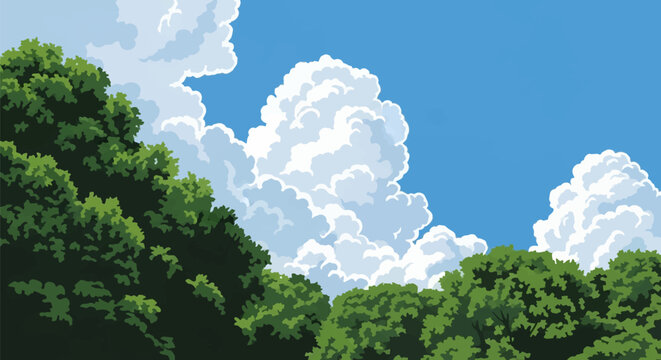 Vector illustration featuring bright white cumulus clouds against a clear blue sky background with green deciduous tree canopies in the foreground and cel-shaded art style.