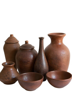 Rustic Brown Handmade Ceramic Pottery Collection With Vases Bowls And Clay Vessels On Transparent Background