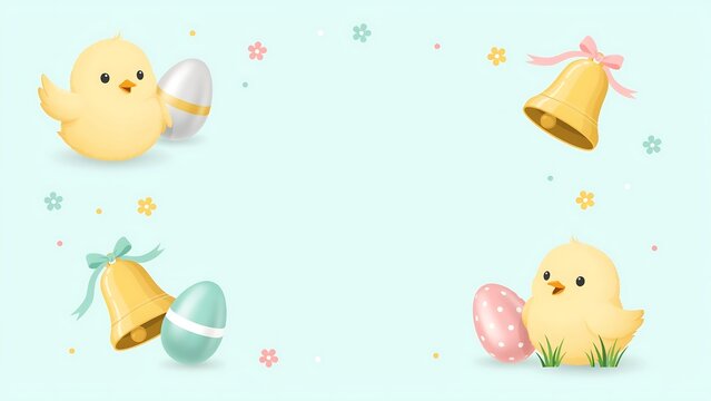 Easter chicks bells and eggs border illustration