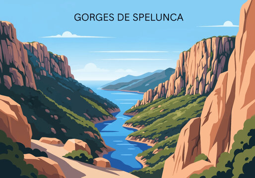 Vector illustration of Gorges de Spelunca in Corsica, France, featuring a blue river winding through steep orange cliffs and green forested mountains under a clear blue sky.