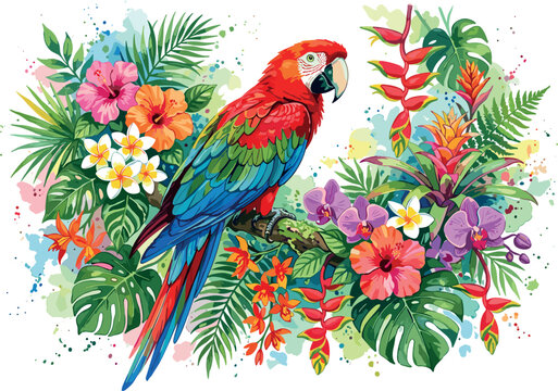Vibrant watercolor style scarlet macaw parrot perched among tropical flowers hibiscus orchids and palm leaves vector illustration isolated on white background