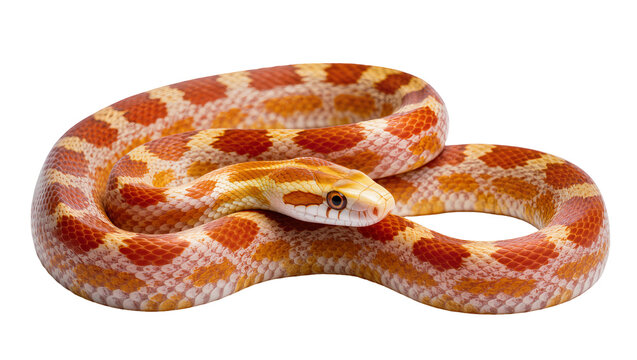 Orange and yellow corn snake coiled with red diamond pattern