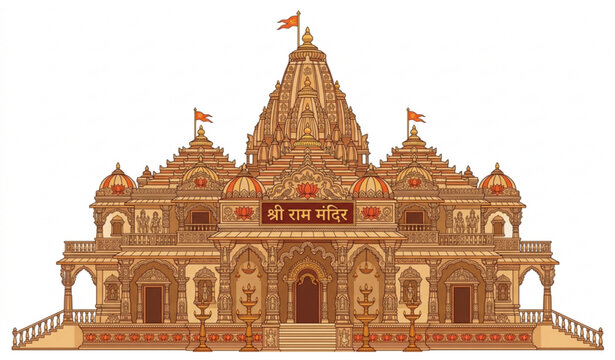 Traditional Indian Hindu temple architecture vector illustration, Ram Mandir