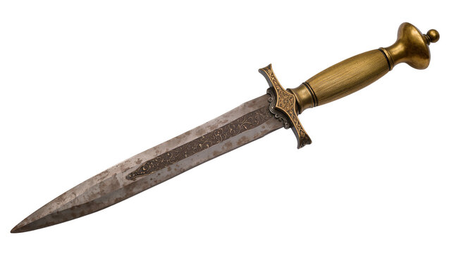 Antique ornate dagger with engraved blade and brass handle