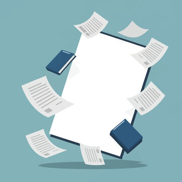 Vector flat illustration of a large central blank white document frame surrounded by floating loose paper sheets and dark blue notebooks against a solid teal background with shadow.