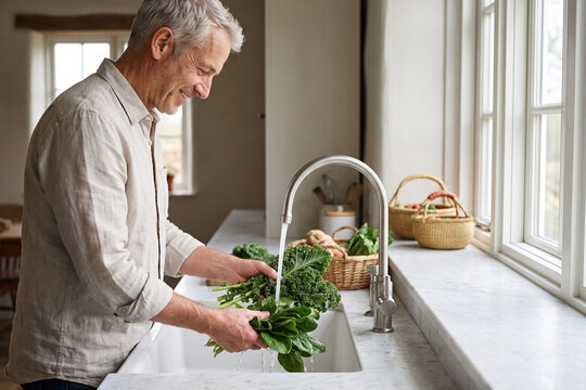 Senior Man Washing Fresh Herbs at Kitchen Sink with Wicker Basket