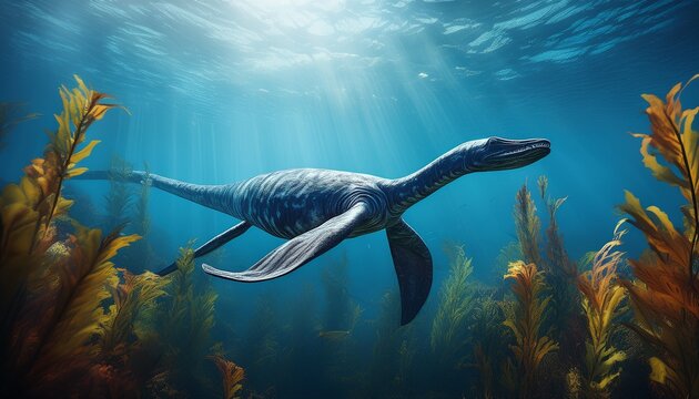 plesiosaur swimming among tall kelp forest in deep blue ocean prehistoric marine reptile of the jurassic period ancient life concept