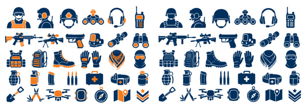 Military equipment and tactical gear vector collection icon set