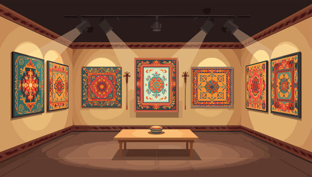 A well-lit art gallery room showcasing a collection of vibrant, intricately patterned rugs or tapestries on display walls, with a central wooden table.
