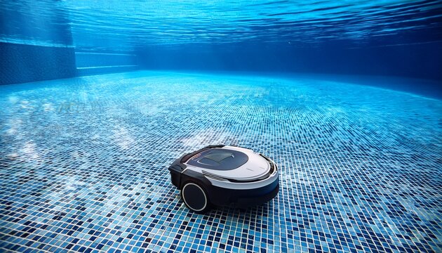 robotic pool cleaner cleaning floor of private swimming pool underwater view of automatic device for maintenance and hygiene of mosaic basin modern water purification technology solution
