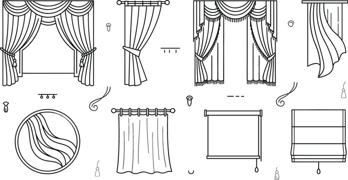 Curtain and window drapes vector icon set featuring luxury valance blinds roller shades line art outline interior template