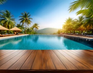 Fototapeta premium empty table top and blurred swimming pool in tropical resort in summer for display or montage your products