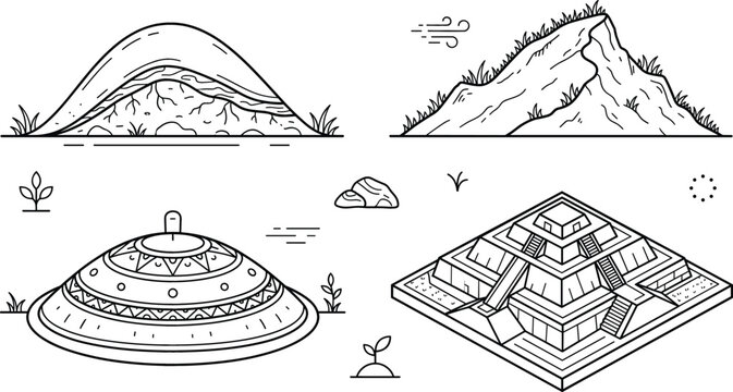 Ancient burial mound and step pyramid vector icon set featuring earthworks tumulus hills line art archaeological design template
