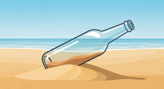 Vector illustration of an empty transparent glass bottle lying partially buried in the sand on a sunny beach with calm ocean waves and a clear blue sky in the background.