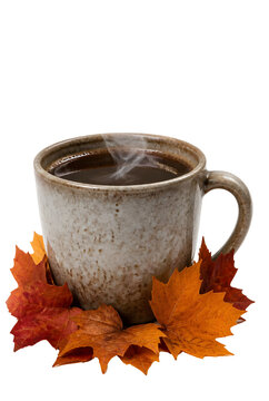 Steaming Hot Coffee In Rustic Ceramic Mug With Autumn Leaves And Acorns On Transparent Background