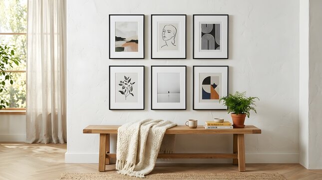 Arrangement of six framed artworks featuring abstract shapes and botanical sketches displayed on a light wall above a wooden bench with a throw and small decor items in a sunlit room with sheer