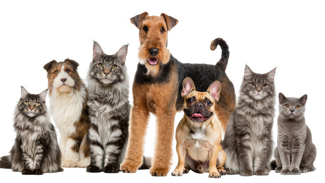 Group of cats and dogs of different breeds and sizes