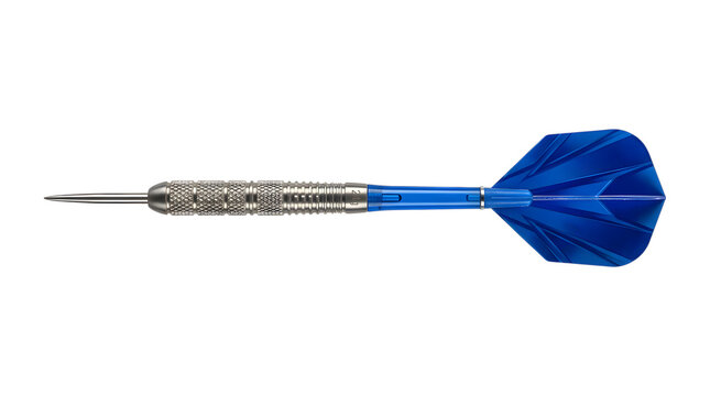 Close-up of blue steel-tip dart with metallic shaft and flights isolated on white background