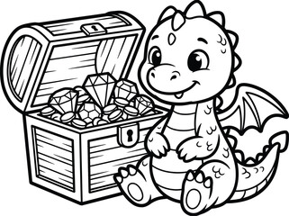Cute baby dragon with treasure chest full of gems and coins cartoon outline. © Saikat's