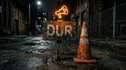 Naklejka premium Neon megaphone sign on wooden board with traffic cone in dark alley