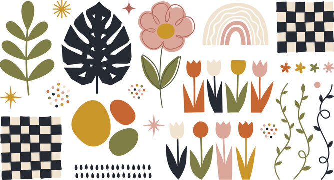 Boho Floral Vector Element Set with Monstera Leaves, Tulips, Rainbows, and Checkboard Patterns for Contemporary Graphic Design and Trendy Surface Patterns