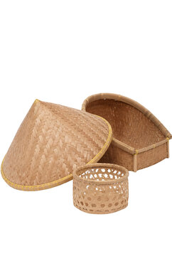 Traditional Handcrafted Woven Bamboo Storage Baskets With Lids Isolated On Transparent Background