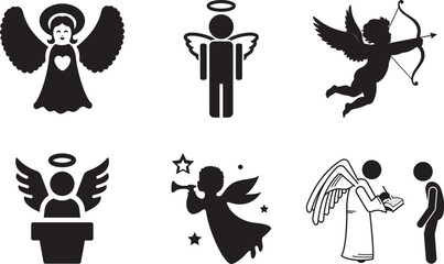 Diverse collection of angel icons and cherub silhouettes including trumpet player and cupid. © Ripon Sojib