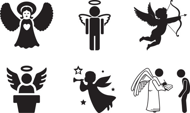 Diverse collection of angel icons and cherub silhouettes including trumpet player and cupid.