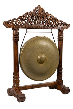 Traditional Bronze Gong With Ornate Carved Wooden Frame Isolated On Transparent Background