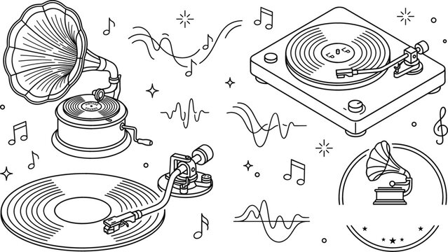 Vintage gramophone and vinyl record player vector icon set featuring turntable music notes sound waves line art template