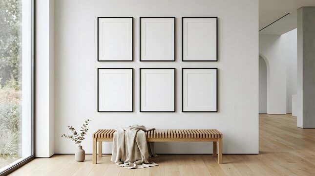 Six empty picture frames arranged symmetrically on a light colored wall above a wooden slatted bench with a throw blanket and a vase of greenery natural light illuminating a contemporary