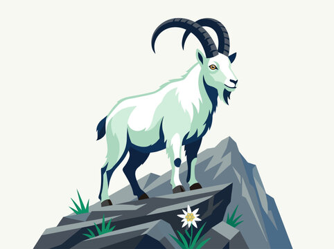 Majestic Alpine Ibex Standing on Rocky Mountain Summit with Edelweiss Flower, Vector Art Illustration