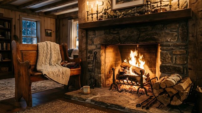 Cozy living room interior featuring a roaring stone fireplace a wooden bench with a knitted blanket and a window showing a winter scene creating a warm and inviting atmosphere for relaxation and