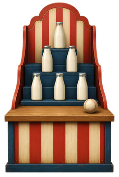 Vintage Carnival Milk Bottle Toss Game Booth With Striped Red Cream And Blue Wooden Counter