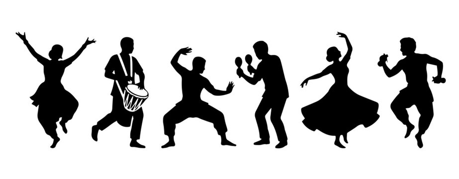 Traditional dancers and musicians silhouettes playing drum black shapes vector set