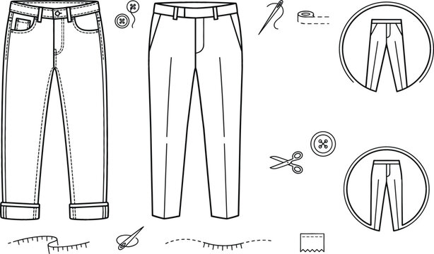 Pants fashion technical sketch set with trousers denim jeans buttons needle scissors sewing icons line art vector template