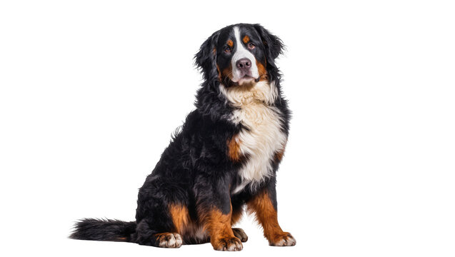 Bernese Mountain Dog sitting attentively, tri-color coat