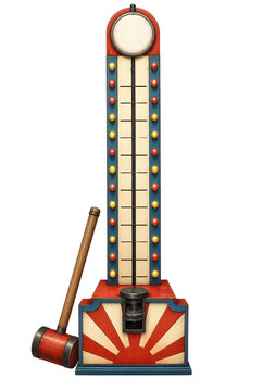 Vintage Carnival Strength Tester Hammer Game With Colorful Lights And Bell On Transparent Background