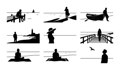 Obraz premium Vector Silhouettes of People by the Sea, Coastal Scenes, Solitude and Reflection, Nautical Elements, Minimalist Beach Illustrations