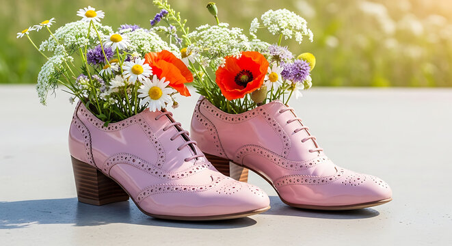 Creative concept of pink high-heeled brogue shoes used as flower vases with a vibrant bouquet of wildflowers, poppies, and daisies outdoors