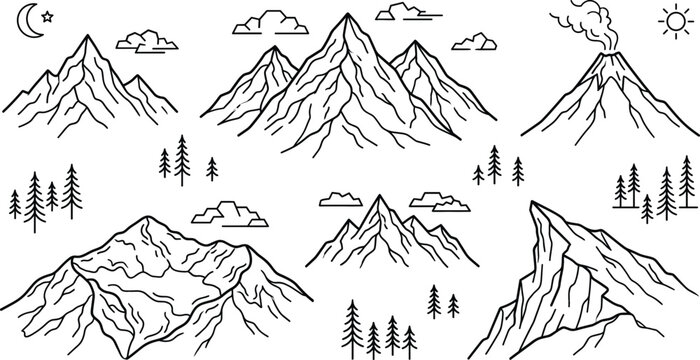 Mountain peak landscape line art vector icon set with volcano pine trees clouds sun and moon design template