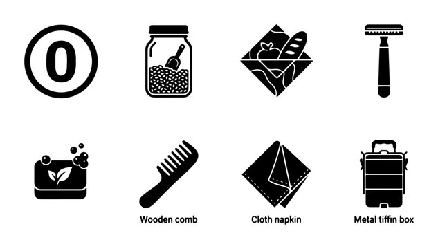 Zero Waste Icons Set: Reusable Jar, Comb, Napkin, Tiffin Box, Razor, Soap, Picnic Basket, Zero Icon