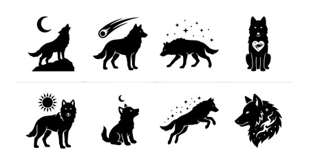 Fototapeta premium Wolf Silhouette Vector Icons, Wild Animal Graphics Set, Canine Spirit Symbols, Night Sky Elements, Black and White Design Assets