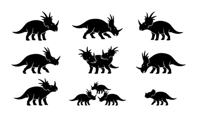 Triceratops Dinosaur Silhouettes, Prehistoric Reptile Icons, Ancient Creature Vector Set, Jurassic Era Wildlife Graphics © Soniya