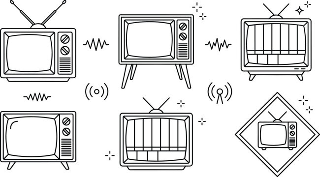 Retro television line icon bundle featuring vintage tv set vector antenna screen test pattern isolated on white background
