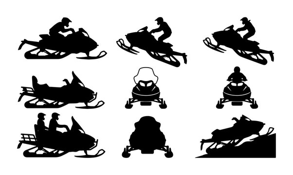 Snowmobile Silhouettes Collection, Winter Sport Vector Icons, Action Rider Poses, Outdoor Adventure Graphics, Snow Machine Set