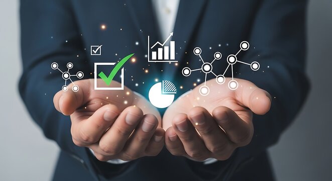 Data analytics and business intelligence concept, businessman holding digital financial charts, growth strategy and performance tracking icons