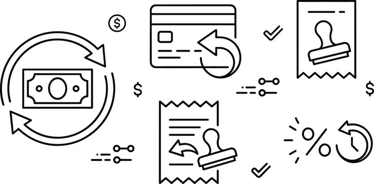 Financial refund and cashback line icon bundle featuring vector credit card cash return receipt isolated on white background